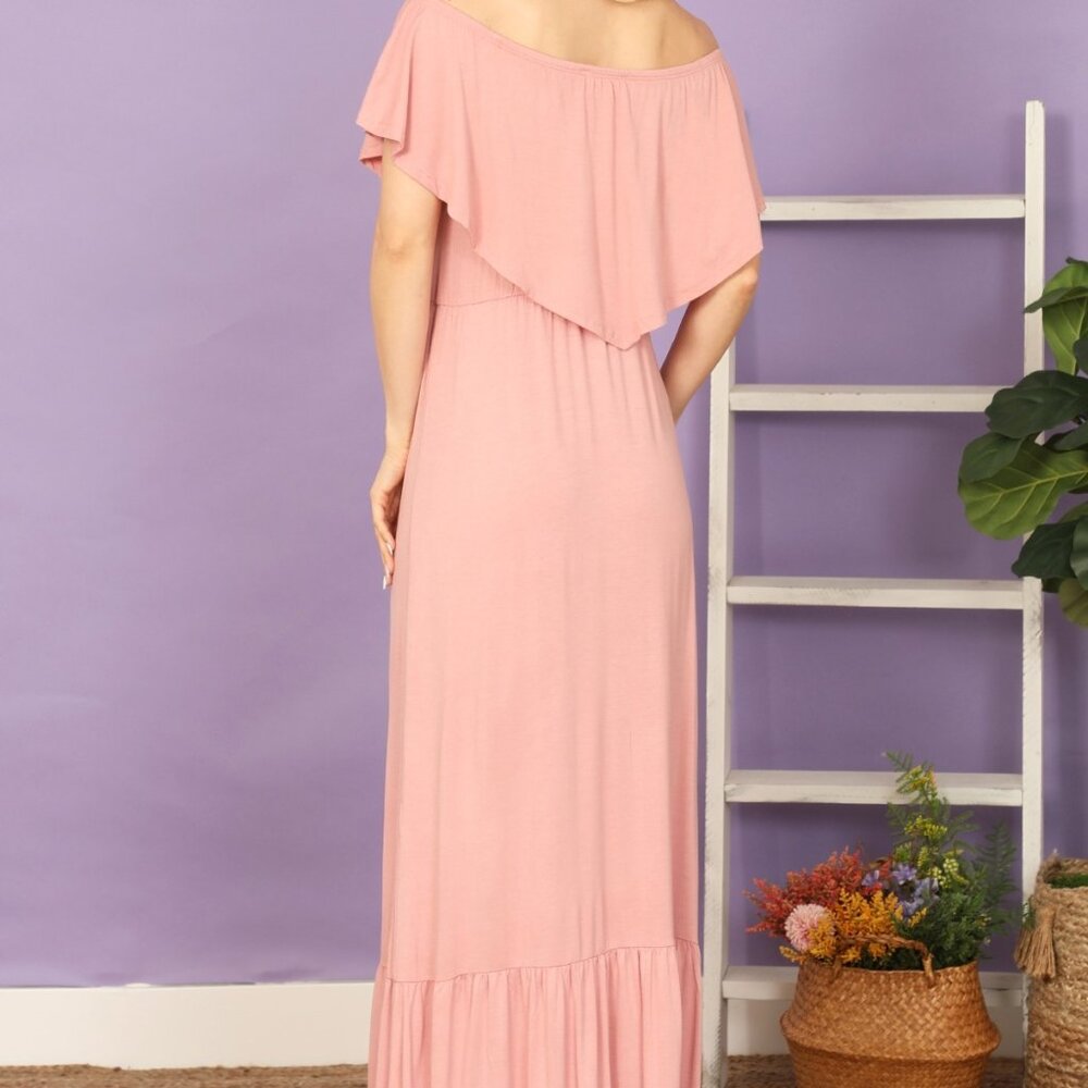Beeson River Medium Blush Flowy Ruffle Tail Off/Shoulder Elegant Soft Maxi NWOT